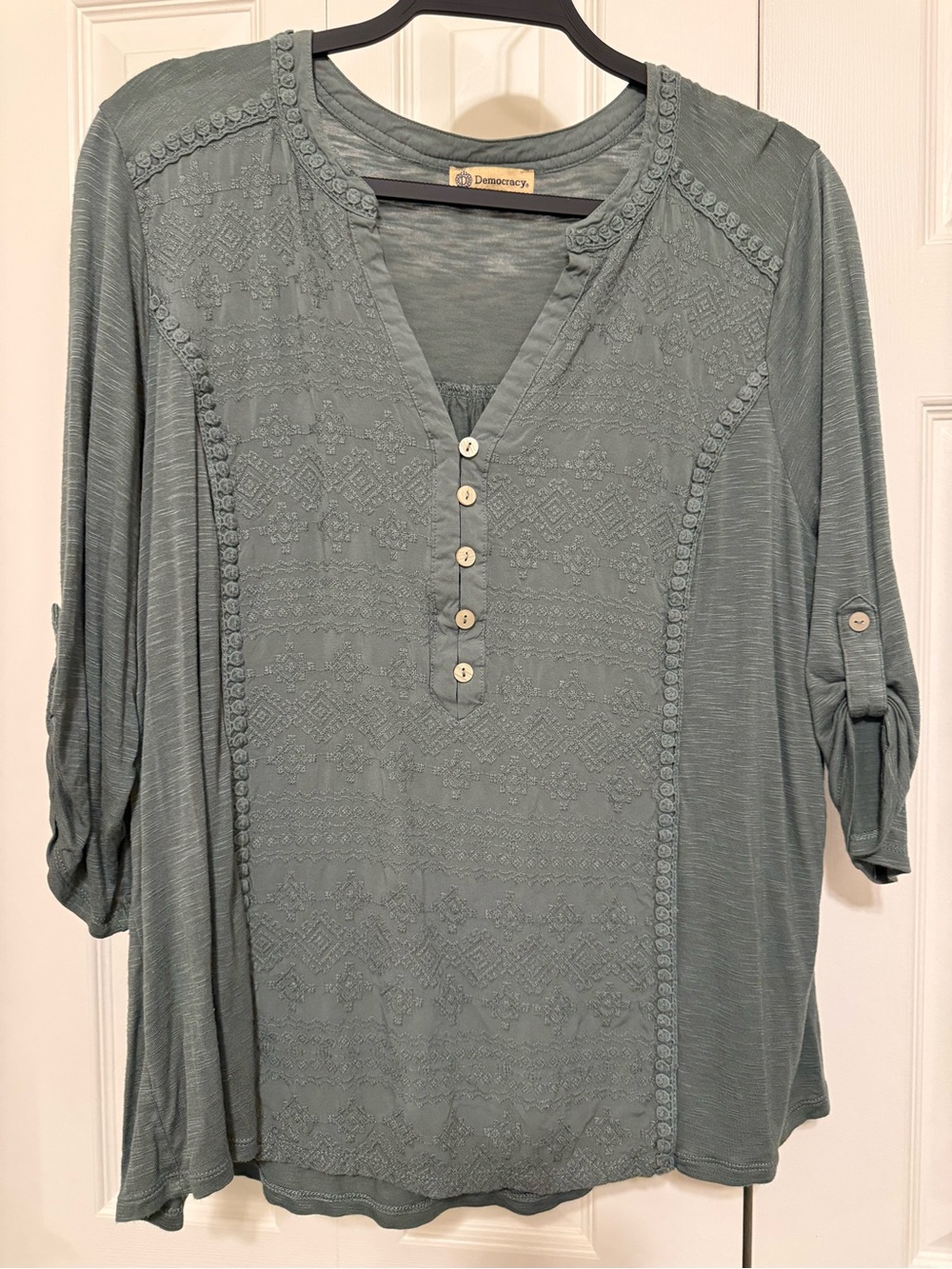 Democracy Sage Green Embroidered V-Neck Henley Tunic